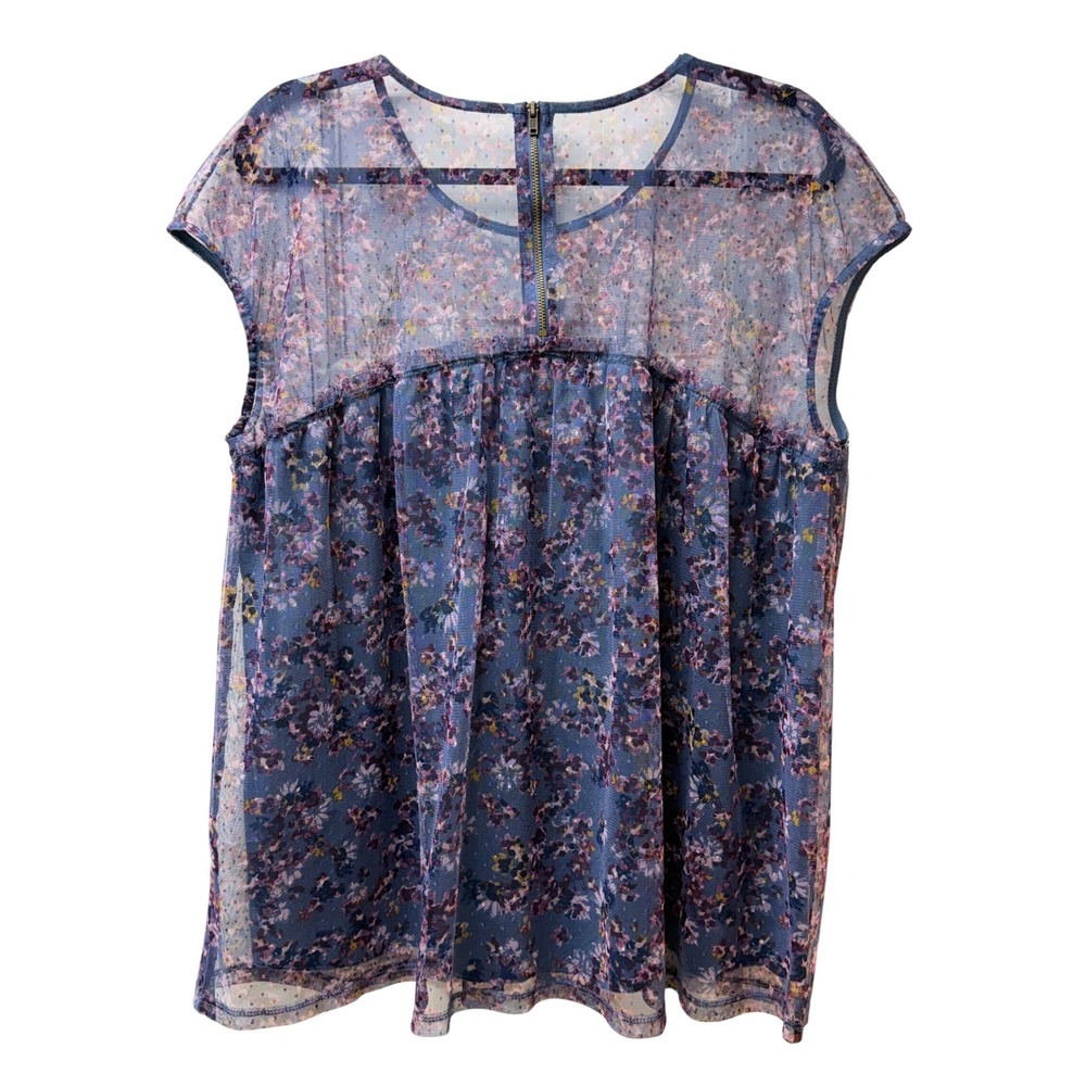 Floral Mesh Cap Sleeve Babydoll Blouse Blue Purple Sheer Overlay Top - Picture 3 of 10